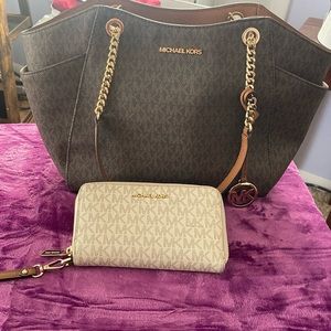 Michael Kors brown and tan tote bag with gold hardware and coordinating wallet
